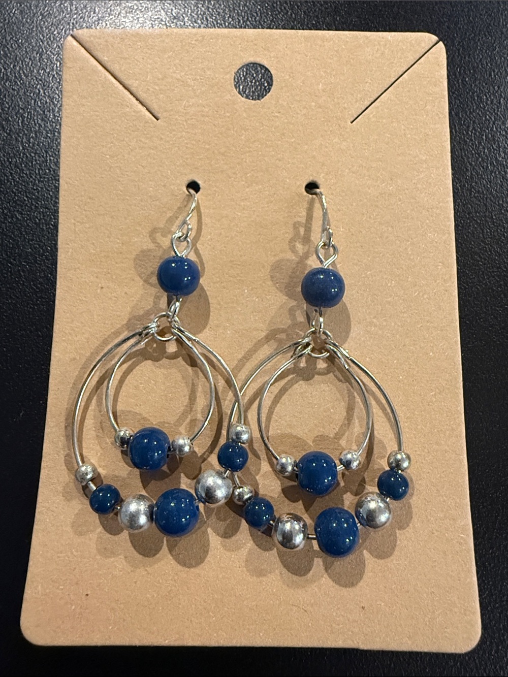 Silver Hoop Dangly Earrings with Blue and Silver Beads Women Jewelry Like New